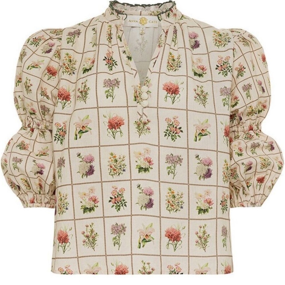 ANNA CATE Annie vintage floral stamp puff sleeve blouse top